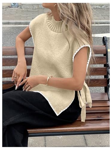 Women's Bow Tie Side Mock Neck Sweater Vest Coquette Split Sleeveless Knit Tops