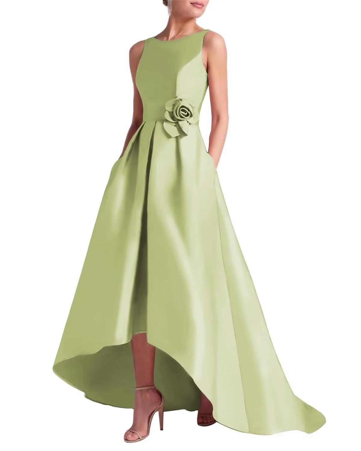 Women's 3D Flower Satin Mother of The Bride Dresses Hi-Low Formal Evening Party Gown