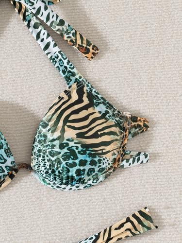 Women's Underwire Bikini Set 2 Piece Leopard Print Halter Bikini and Thong Brazilian Swimsuit Set