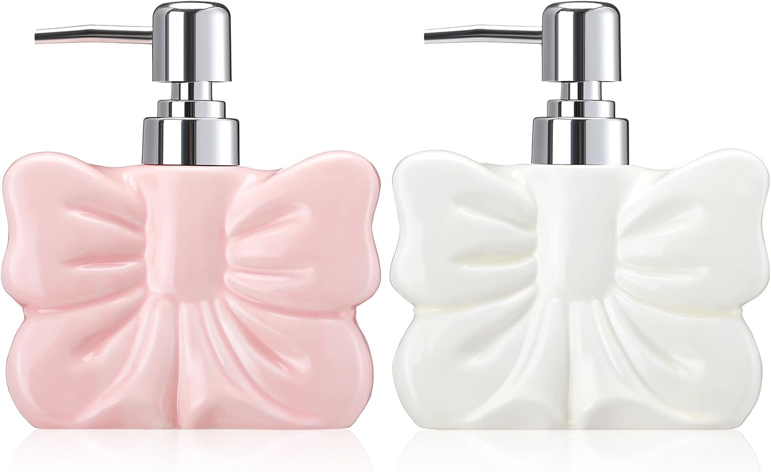 Ceramic Bow Shape Soap Dispensers Cute White and Pink - Coquette Bow Hand Sanitizer Bottle 12 oz Hand Soap Dispenser with Pump Bathroom Lotion Dispenser for Bathroom Kitchen Countertop 2 Pack