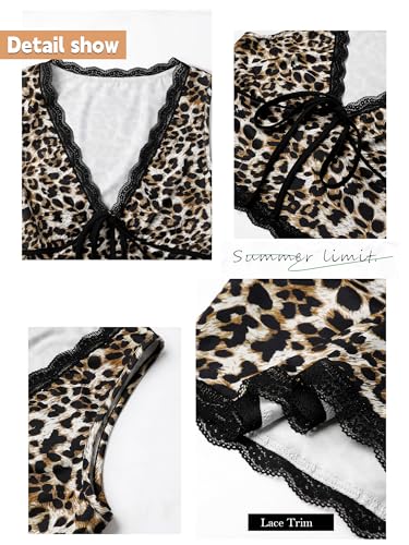 Womens Leopard Lace Trim Sexy Tank Tops Bow Tie Front Sleeveless Cheetah Print V Neck Tops Y2K Going Out Crop Top