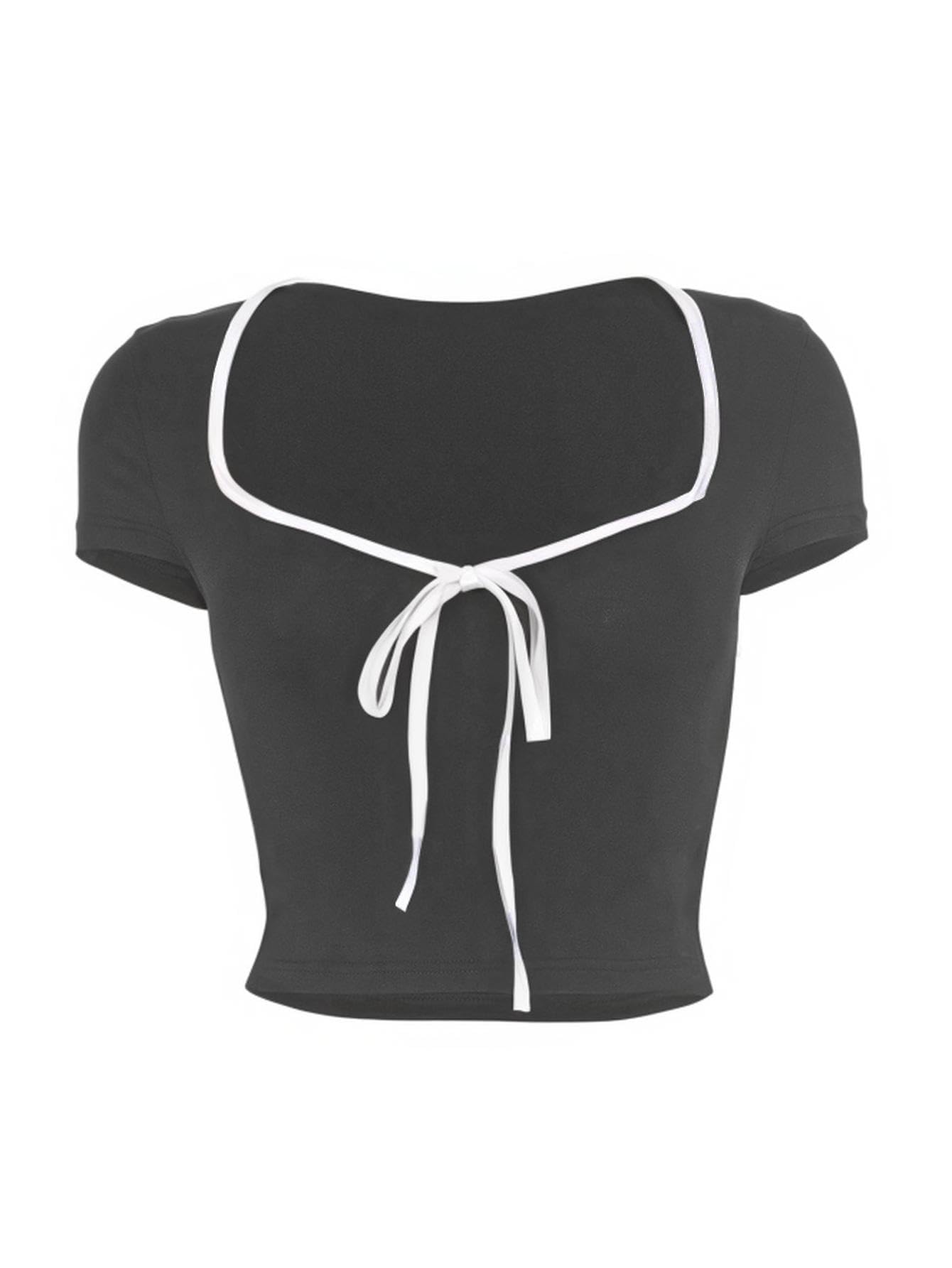 Womens Summer Short Sleeve Bow Square Neck Baby Tees Color Block Basic Crop Tops