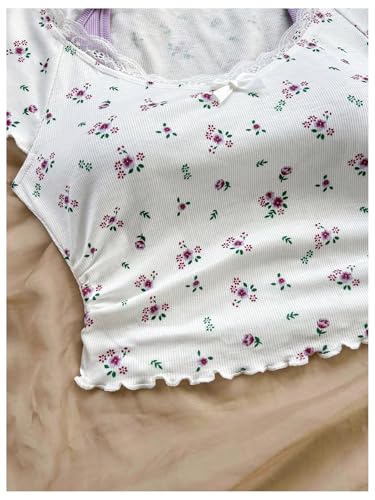 Women's Contrast Lace Halter Neck Lettuce Trim Casual Crop Tee Tops