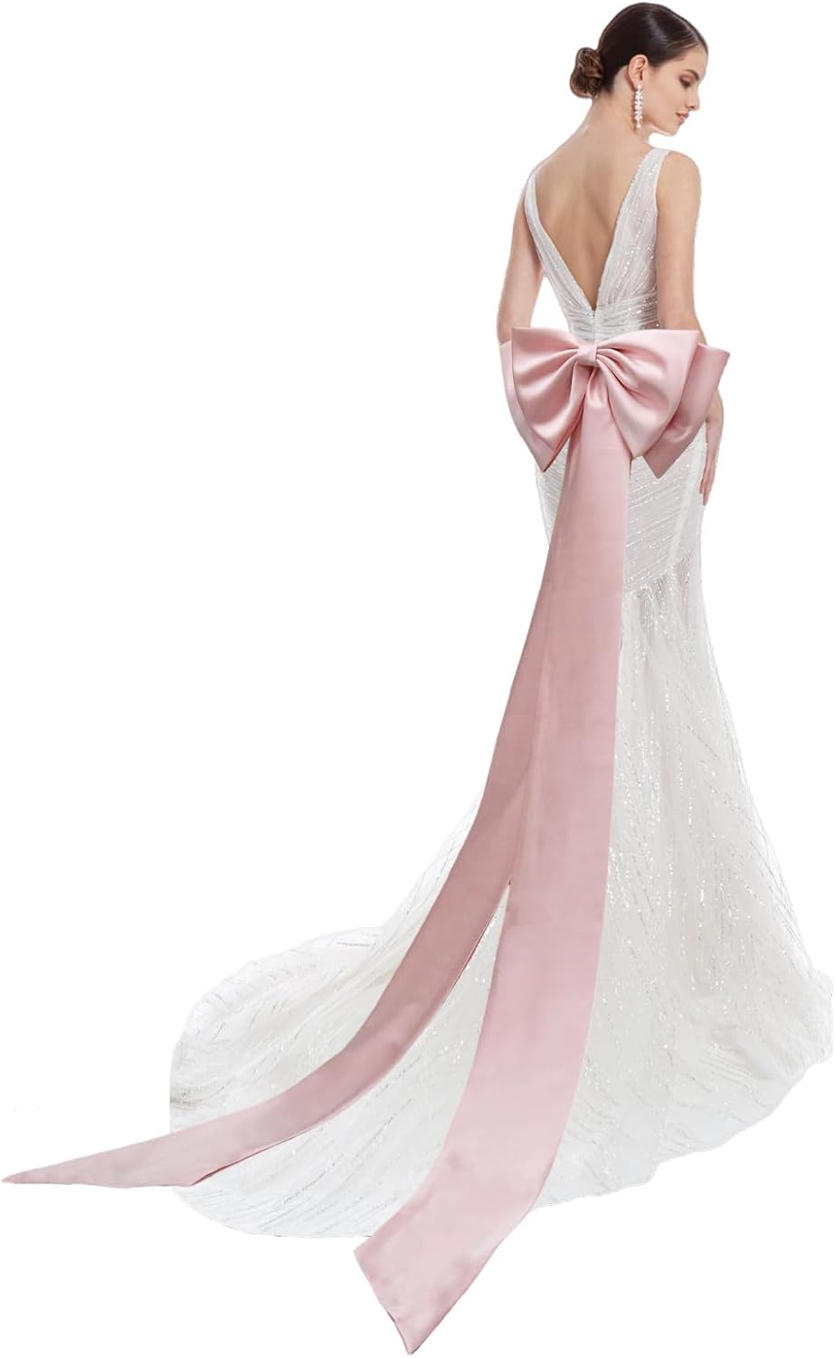 Detachable Big Bow Long Train Satin Bowknot Sweep Train Waist Sash Belt Bowknot for Wedding Formal Dress