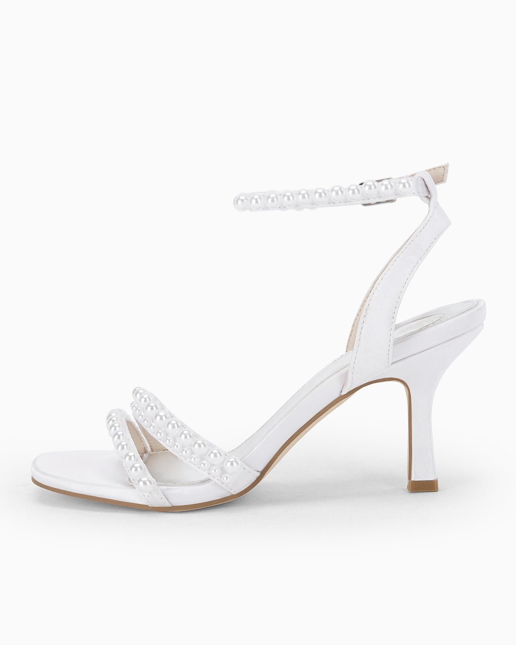 Women's Pearl Kitten Heels Sandals Square Open Toe Dress Sandals Ankle Strap Satin