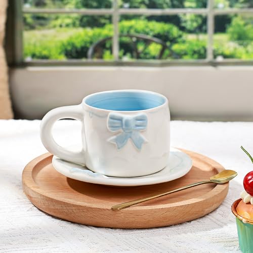 Elegant Bowknot Tea Cup and Saucer Set, Ceramic Tea Mug Set with Butterfly Bow Design, Perfect for Afternoon Tea or Home Décor