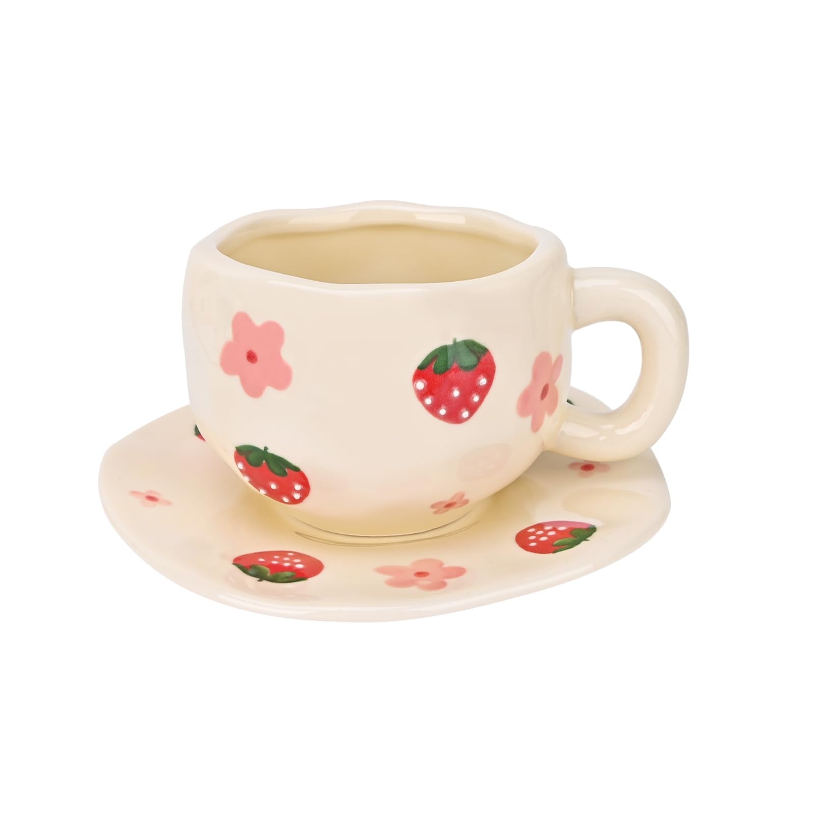 Ceramic Coffee Mug with Saucer Set, Cute Creative Cup Unique Irregular Design, 10 oz/300 ml