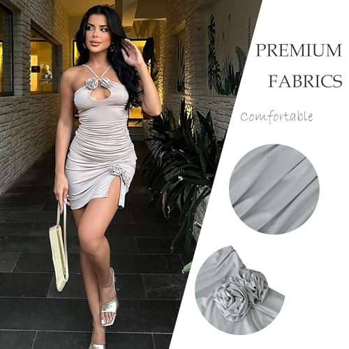 Women's Summer Mini Short Dress Sexy Elegant Hollow Halter Backless Slit Bodycon Ruched Mini Dress