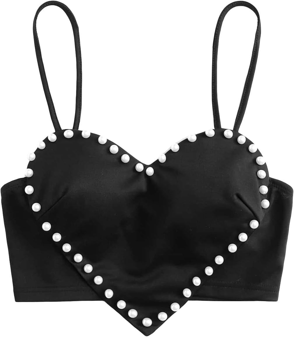 Women's Pearls Sleeveless Asymmetrical Hem Heart Crop Cami Top Sexy Camisole