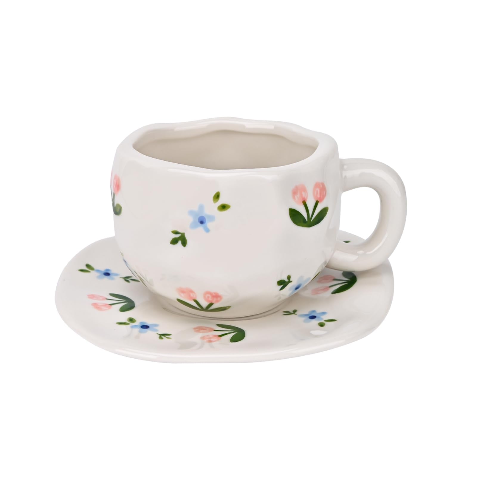 Ceramic Coffee Mug with Saucer Set, Cute Creative Cup Unique Irregular Design, 10 oz/300 ml