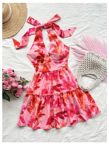 Women's Floral Print Sleeveless Halter Neck Layered Hem A Line Mini Dress