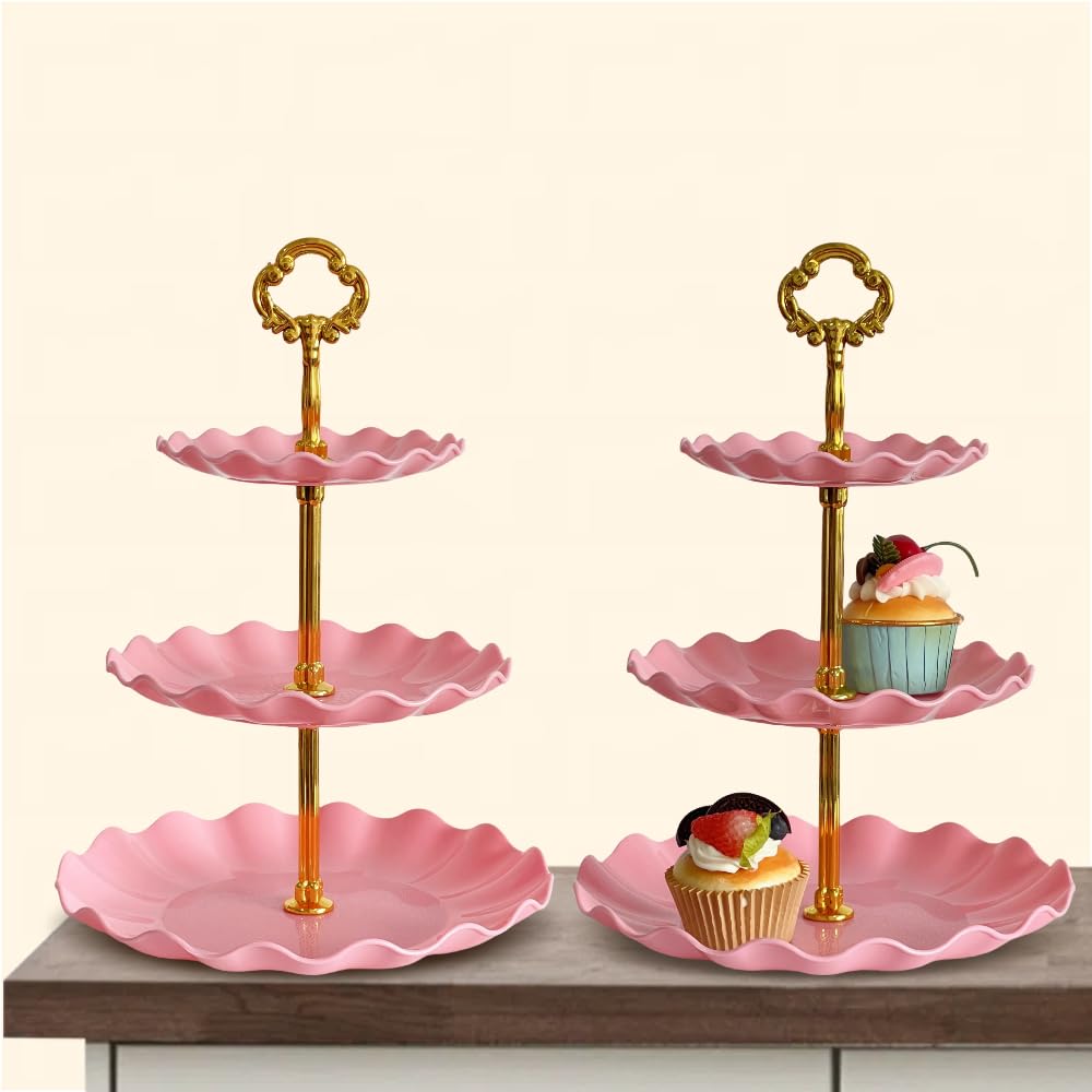 Pack 2 of 3 Tier Cupcake Stand, Small Pink Plastic Tiered Serving Stand, Dessert Tray