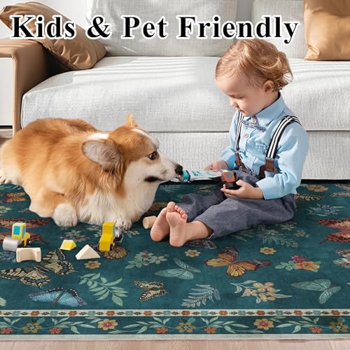 Insect Floral Area Rug, Machine Washable Area Rug Non-Slip Low Pile Large Bedroom Rug Stain Resistant Throw Rug Carpet