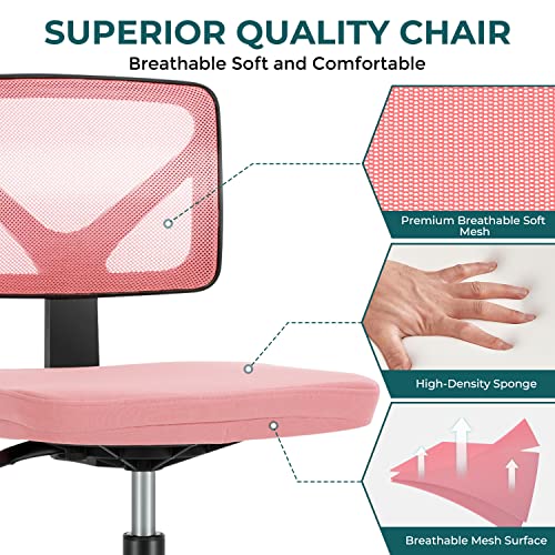 Vanity Swivel Armless Desk Chairs with Wheels, Ergonomic Adjustable Home Office Rolling Task Chair, Comfy Mesh Mid Back