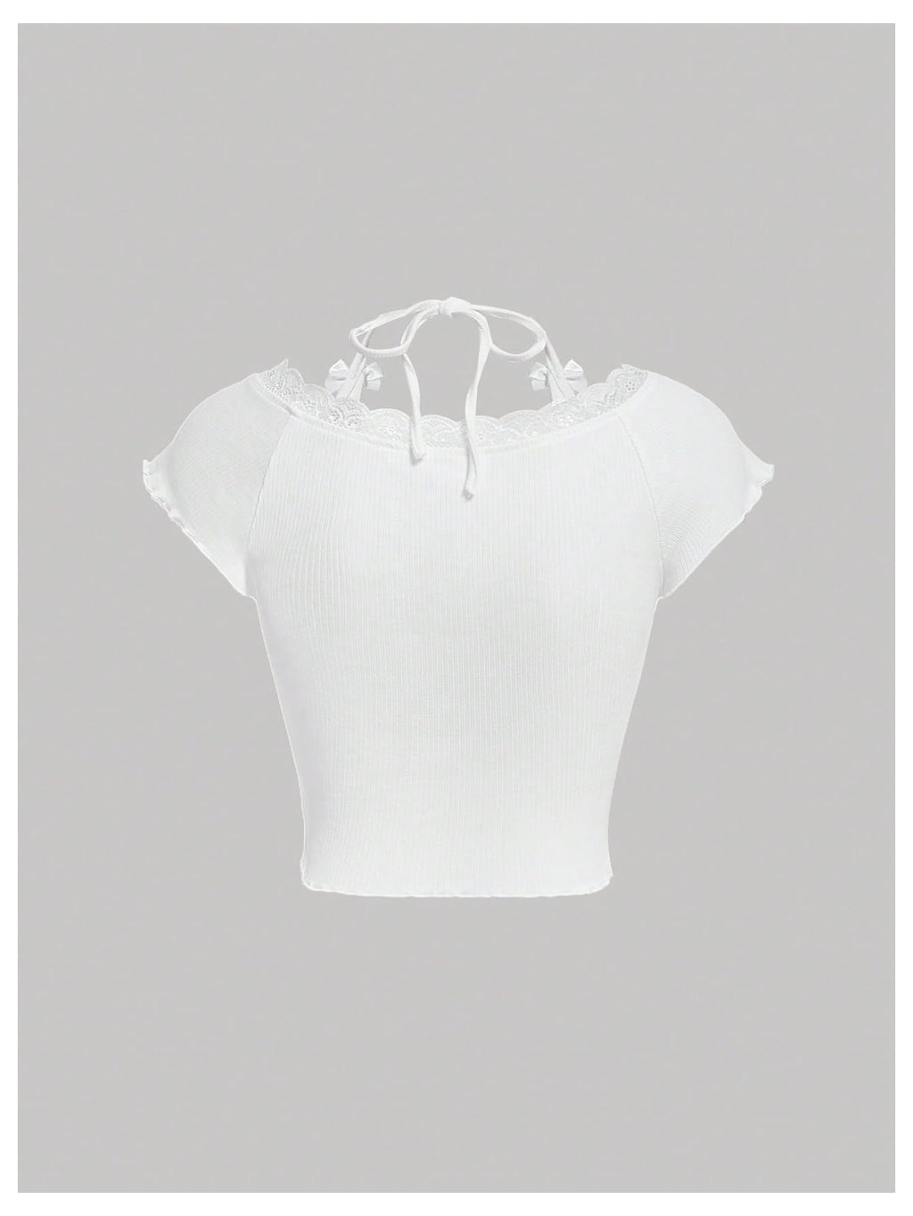 Women's Contrast Lace Halter Neck Lettuce Trim Casual Crop Tee Tops