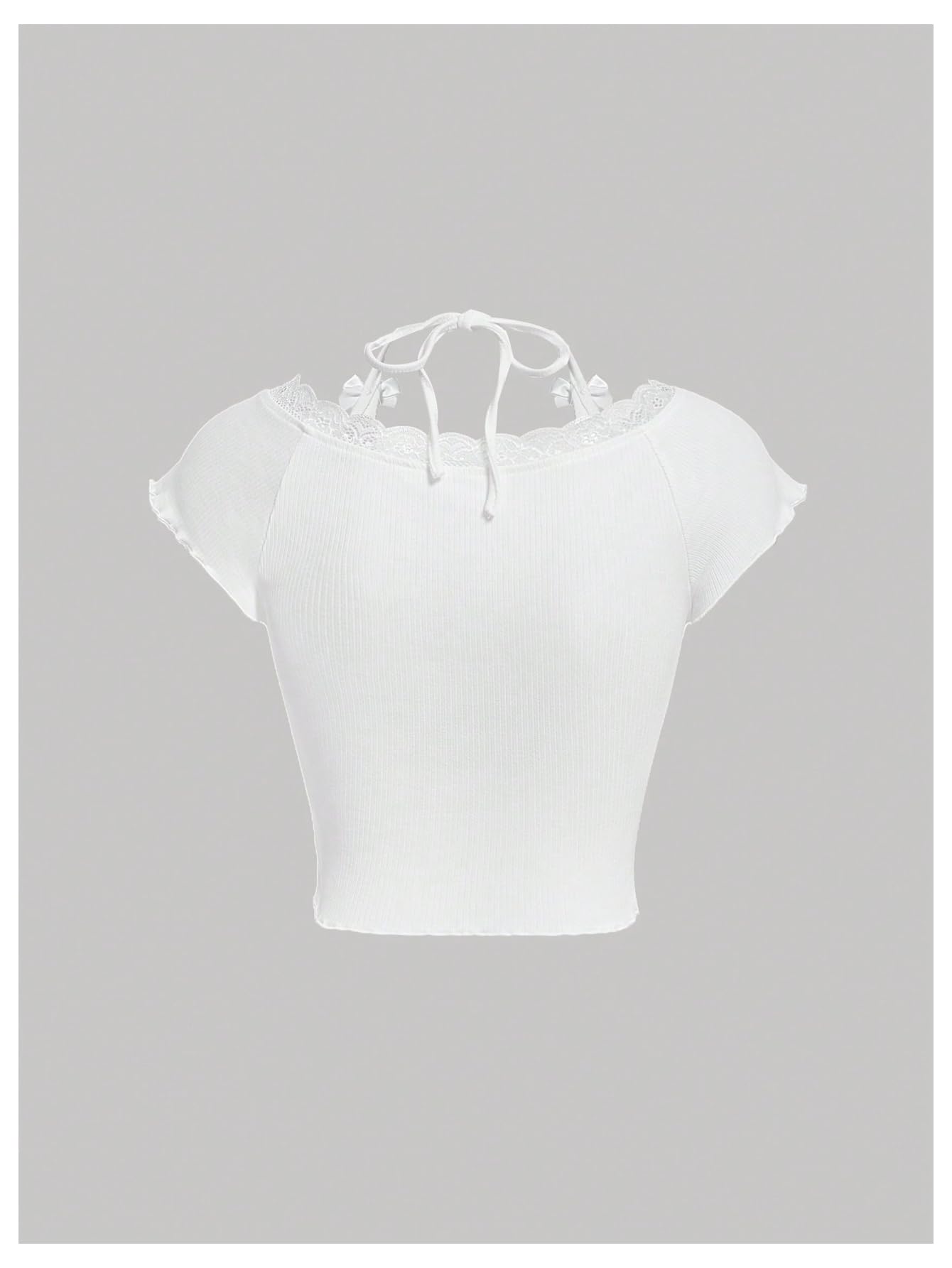 Women's Contrast Lace Halter Neck Lettuce Trim Casual Crop Tee Tops