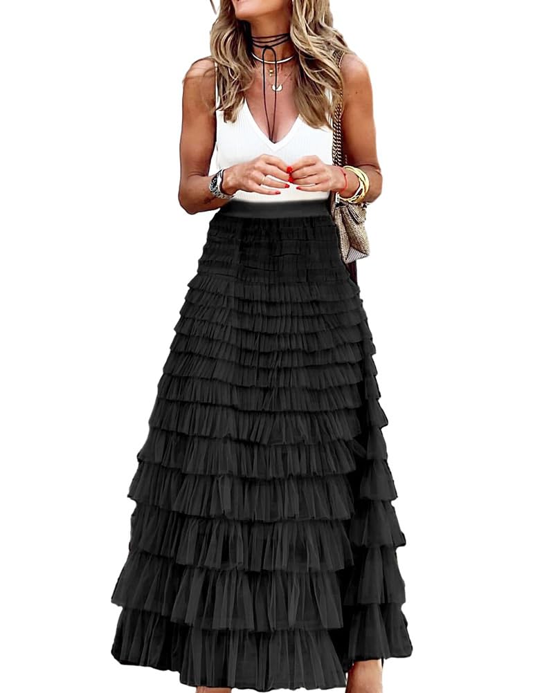 Long Tulle Skirt for Women Trendy High Waisted A Line Fluffy Fairy Mesh Layered Ruffle Skirt