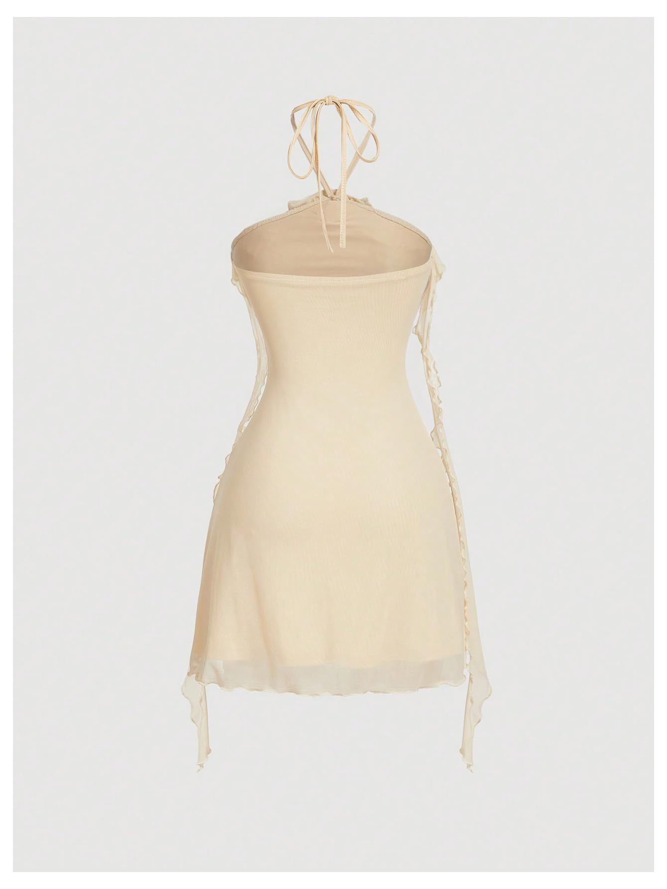 Women's Floral Mesh Halter Bodycon Mini Dress Ruffle Tassel Open Back Tube Dress