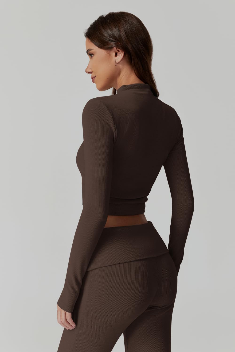 Womens 2 Piece Lounge Sets Mock Neck Long Sleeve Tops with Side Ruched Fold Over Flare Pants Comfy Tracksuits