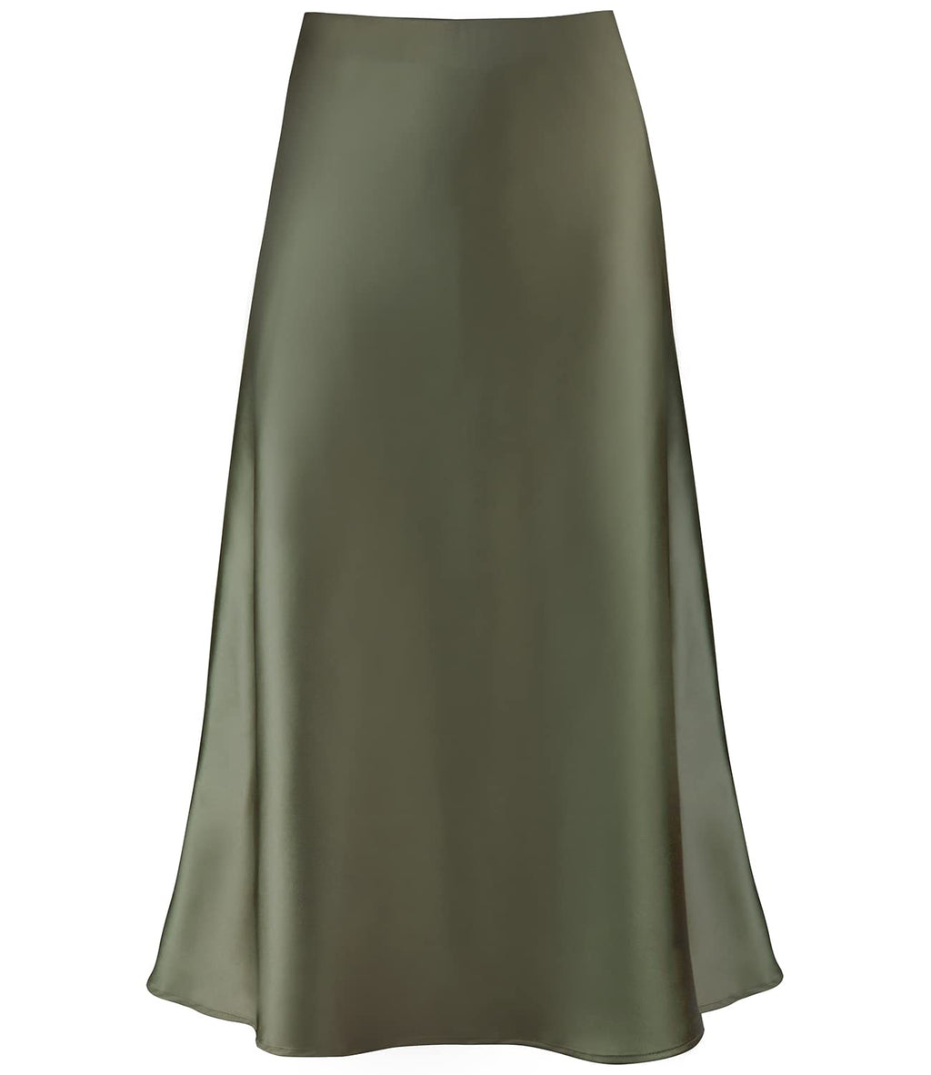 Women's Satin High Waist Hidden Elasticized Waistband Flared Casual A Line Midi Skirt