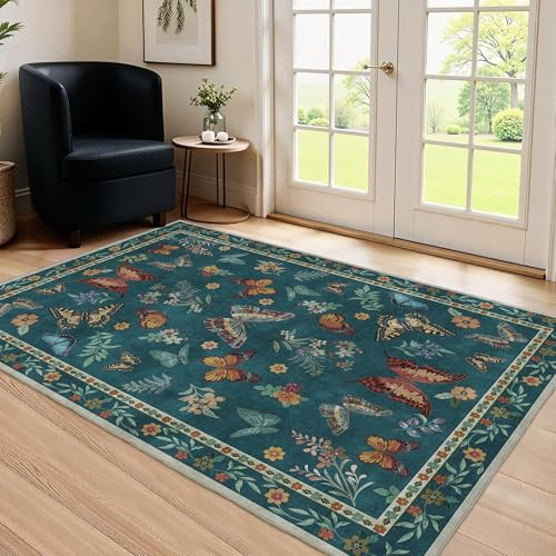 Insect Floral Area Rug, Machine Washable Area Rug Non-Slip Low Pile Large Bedroom Rug Stain Resistant Throw Rug Carpet