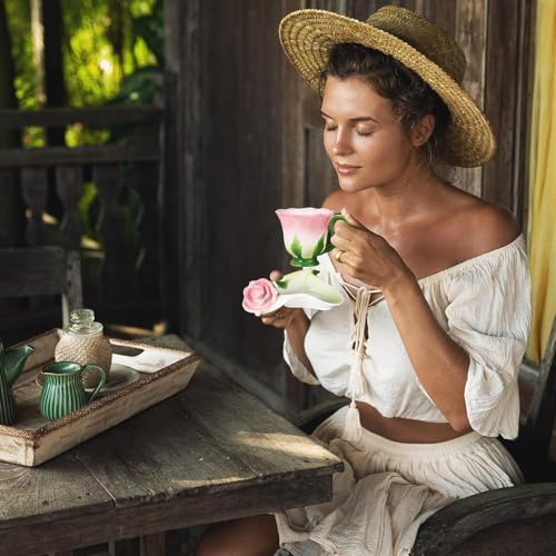 Rose Tea Cup and Saucer -  Set for 1 Ceramic Hand Crafted Rose Flower Cup, 6 Oz