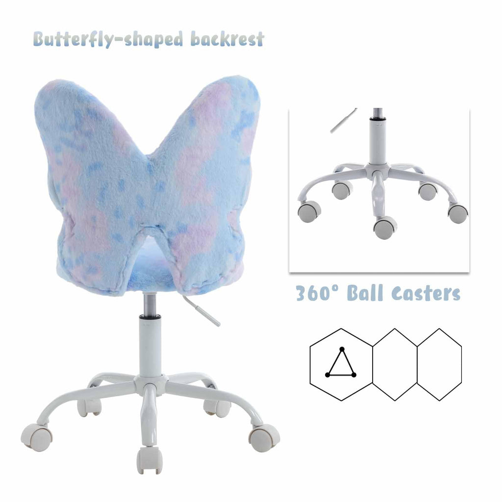 Kids Desk Chair Butterfly Faux Fur Study Chair Adjustable Vanity Chair, Small Cute Student Task Chair with White Foot