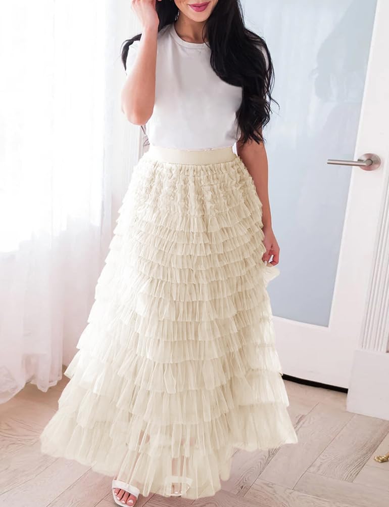 Long Tulle Skirt for Women Trendy High Waisted A Line Fluffy Fairy Mesh Layered Ruffle Skirt