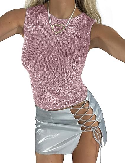 Women Sexy Fishnet Knit Glittering Crop Tank Top Sheer Mesh Sleeveless Crewneck Solid Slim Cropped Tops