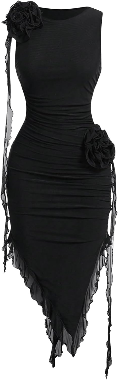 Women's Sleeveless Floral Appliques Bodycon Mesh Irregular Ruffle Hem Dress