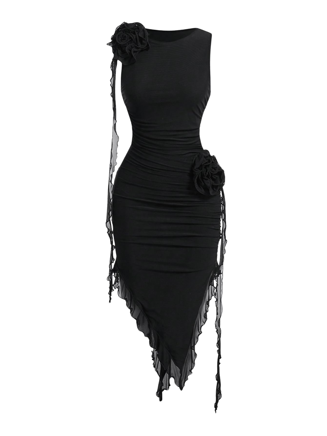 Women's Bodycon Dress 3D Floral Ruched Round Neck Sleeveless Ruffle Hem Midi Dress