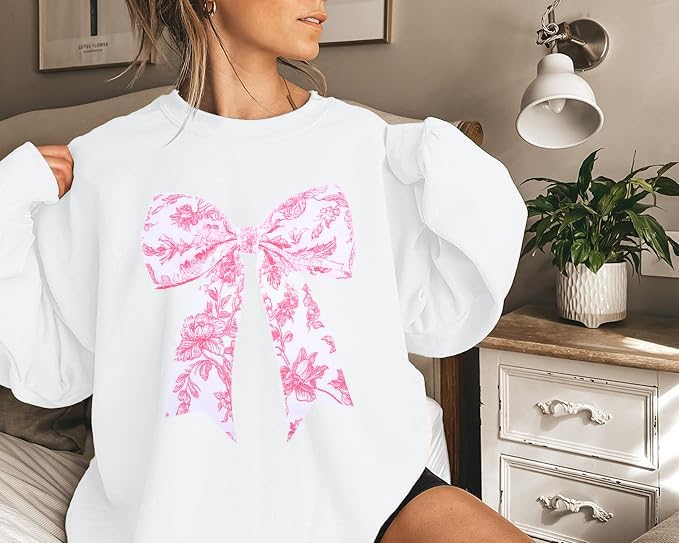 Ladies Bow Sweatshirt Coquette Sweater - Embroidered sweatshirt Clean Girl Aesthetic Shirt Fall Crewneck Pullover
