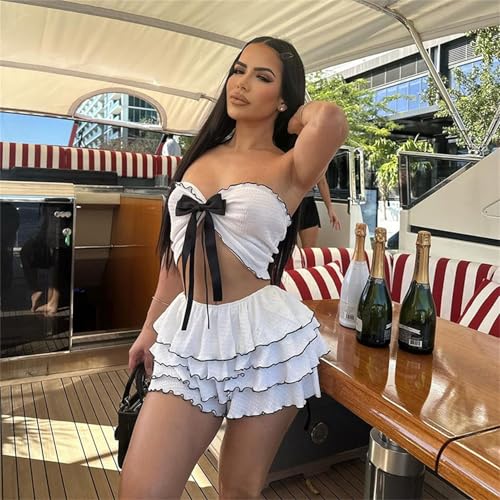 Women 2 Piece Skirt Sets Sexy Ruffle Ruched Tube Crop Tops Layer Pleated Flowy Mini Skort Skirts Y2K Clothes