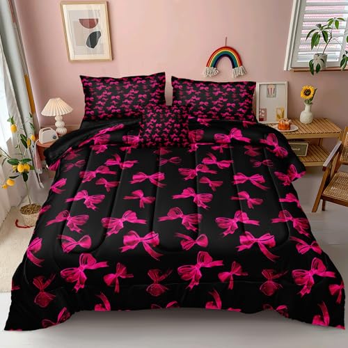Pink Bowknot Comforter Set 4 Pcs Bow Tie Princess Bedding Blush Red Cherry Bed Quilt