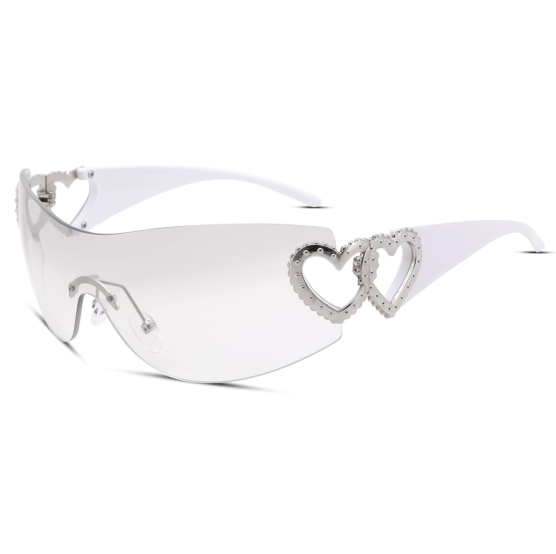 Wrap Around Heart Rhinestones Rimless Sunglasses Women Men, Oversized Fashion Futuristic Sun Glasses Cool Shade 2000S Trendy