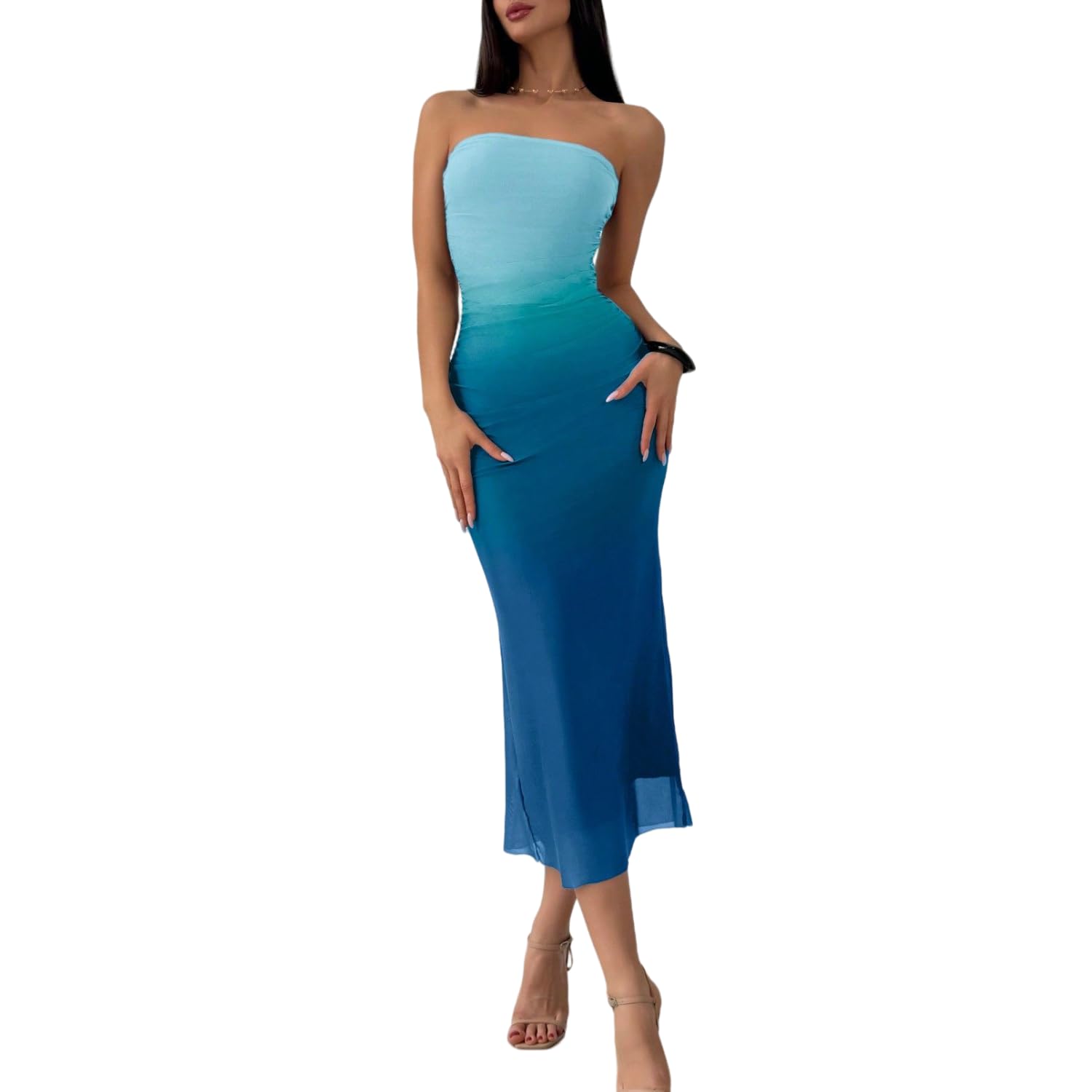 Women's Summer Gradient Strapless Tube Dress Bodycon Long Dress Side Slit Mesh Layered