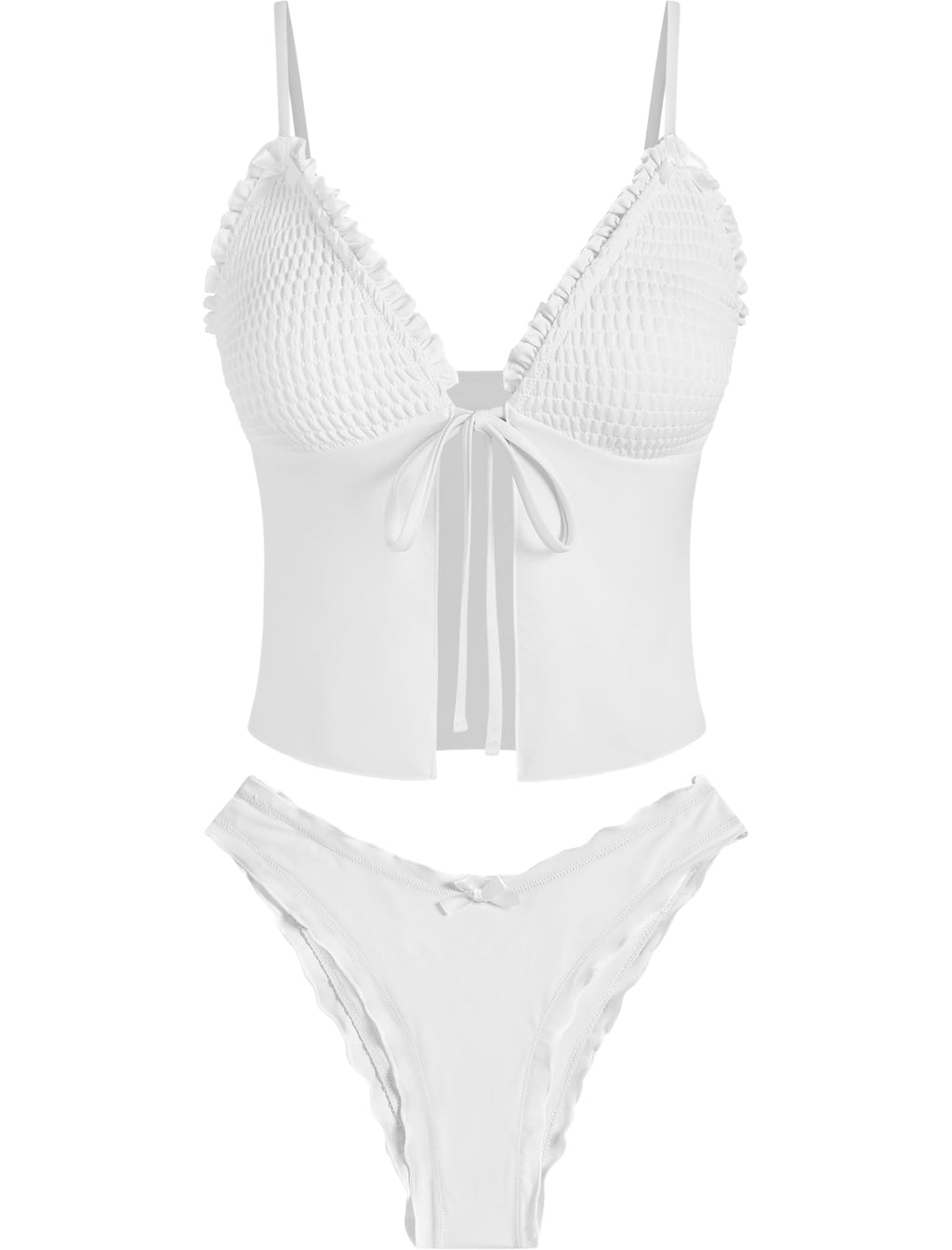 Tankini Swimsuits for Women Smocked Ruffles Tie Front Bowknot Textured High Cut Tanga Tankini Set