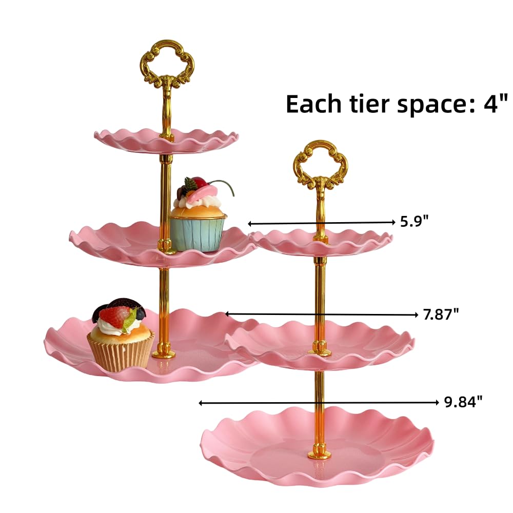 Pack 2 of 3 Tier Cupcake Stand, Small Pink Plastic Tiered Serving Stand, Dessert Tray