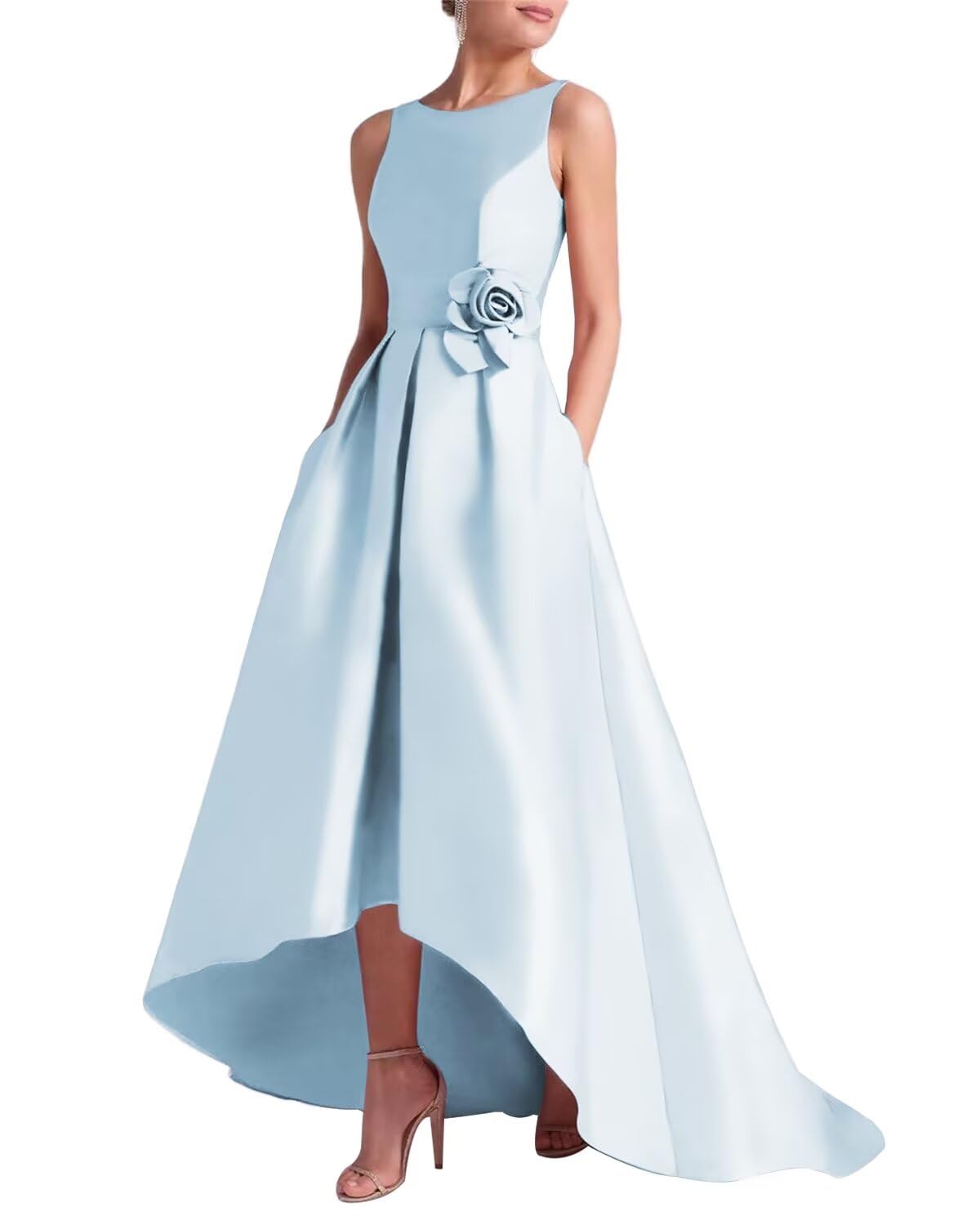 Women's 3D Flower Satin Mother of The Bride Dresses Hi-Low Formal Evening Party Gown