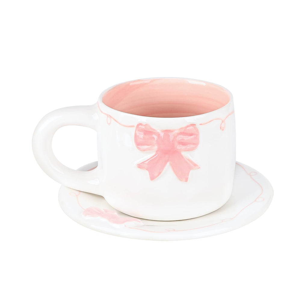 Elegant Bowknot Tea Cup and Saucer Set, Ceramic Tea Mug Set with Butterfly Bow Design, Perfect for Afternoon Tea or Home Décor