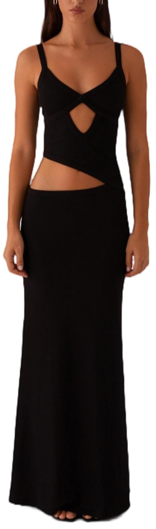 Sexy Cut Out Maxi Dress for Women Spaghetti Strap Backless Bodycon Dress Y2k Hollow Sleeveless Long Dress