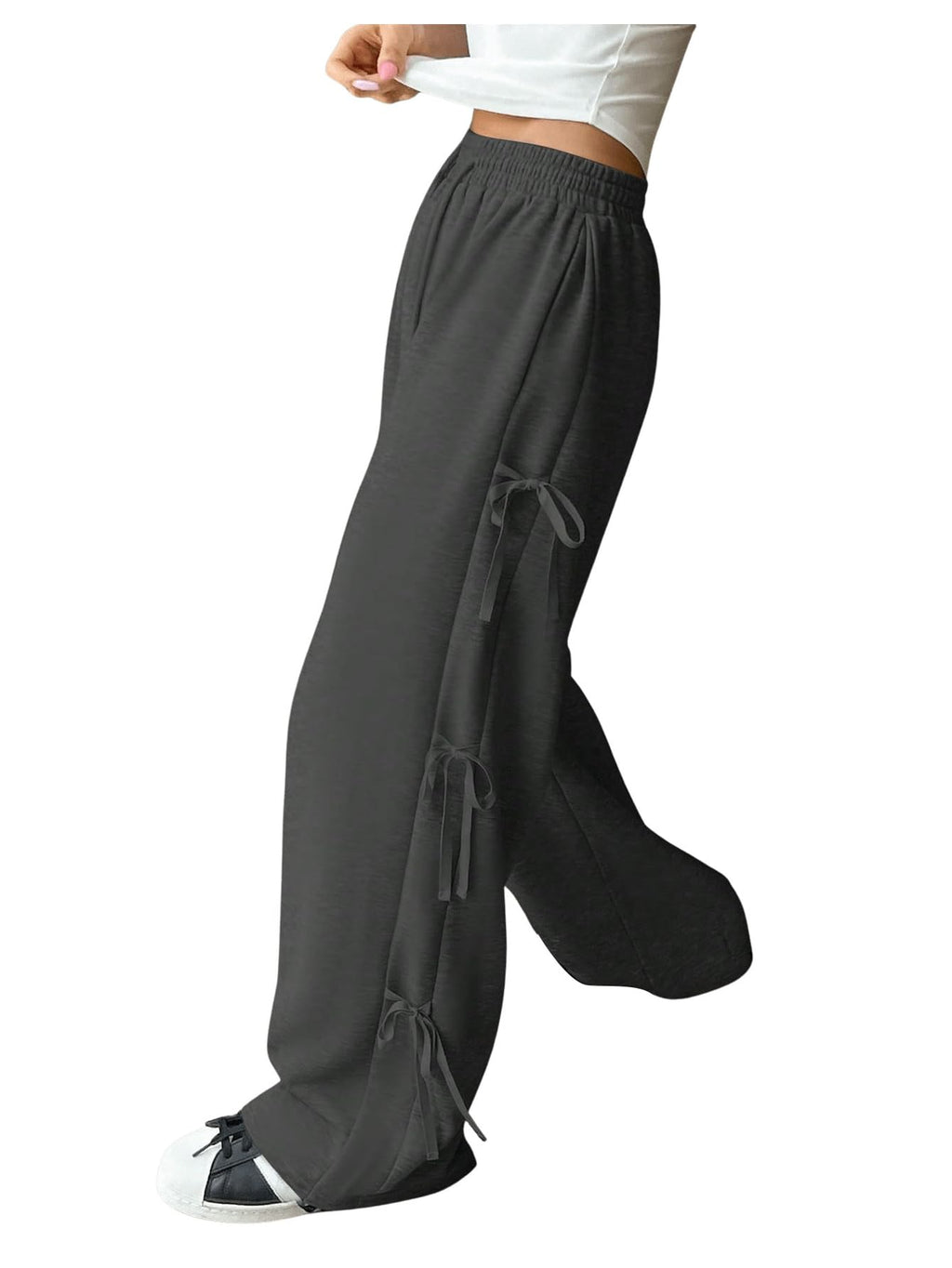 Women's Side Bow Tie Straight Leg Sweatpants Drawstring Elastic Waist Loose Athletic Sports Pants