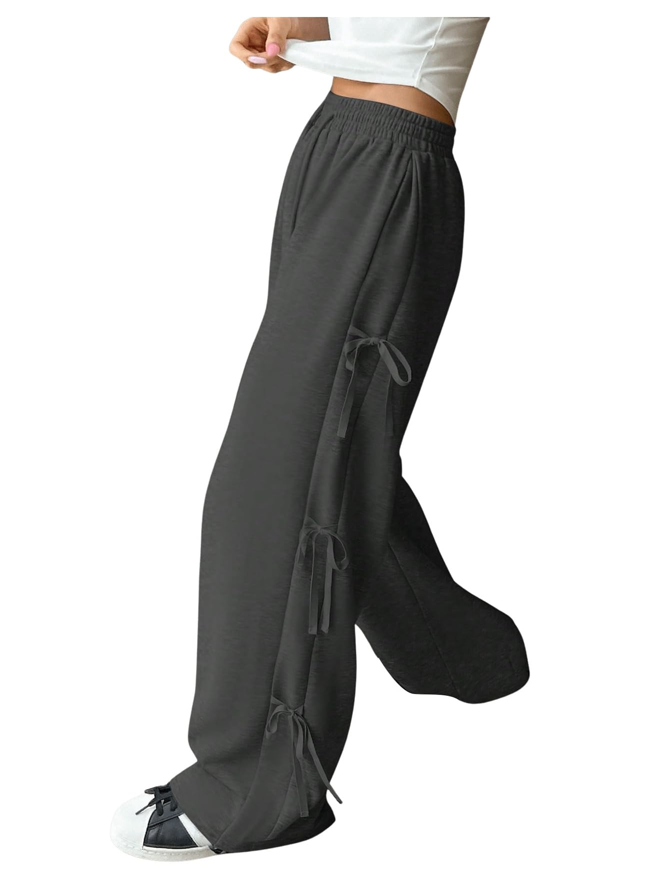 Women's Side Bow Tie Straight Leg Sweatpants Drawstring Elastic Waist Loose Athletic Sports Pants