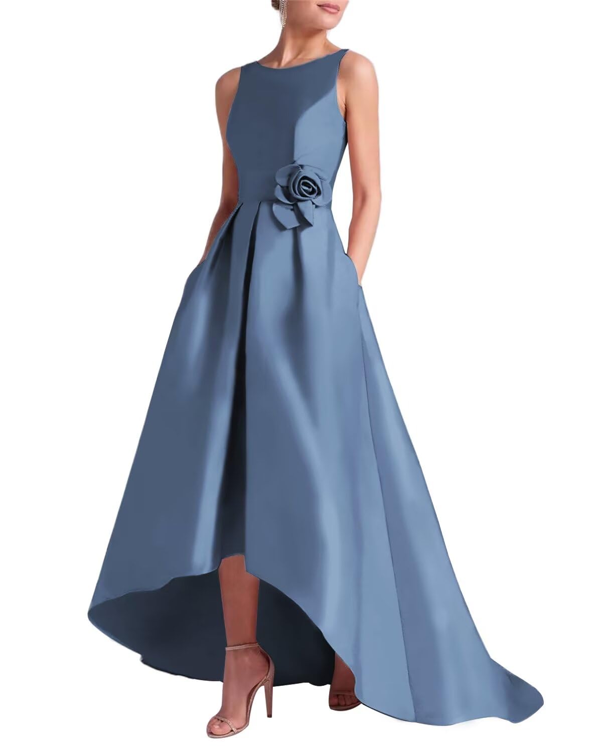 Women's 3D Flower Satin Mother of The Bride Dresses Hi-Low Formal Evening Party Gown