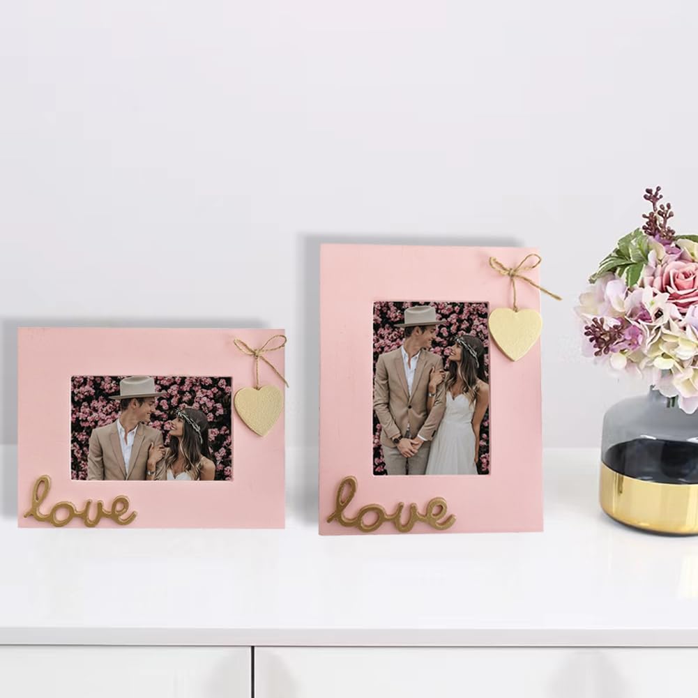 Love Picture Frame with Heart for Table Top and Wall Mounting-Distressed Wooden Photo Frame HD Glass Inside