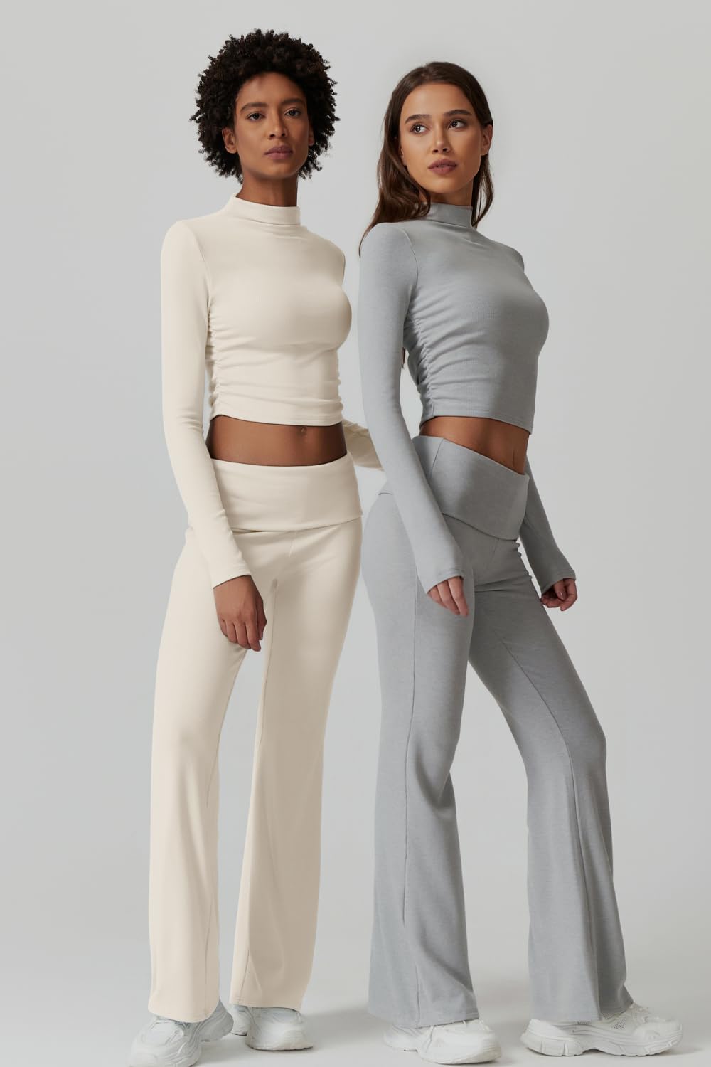 Womens 2 Piece Lounge Sets Mock Neck Long Sleeve Tops with Side Ruched Fold Over Flare Pants Comfy Tracksuits