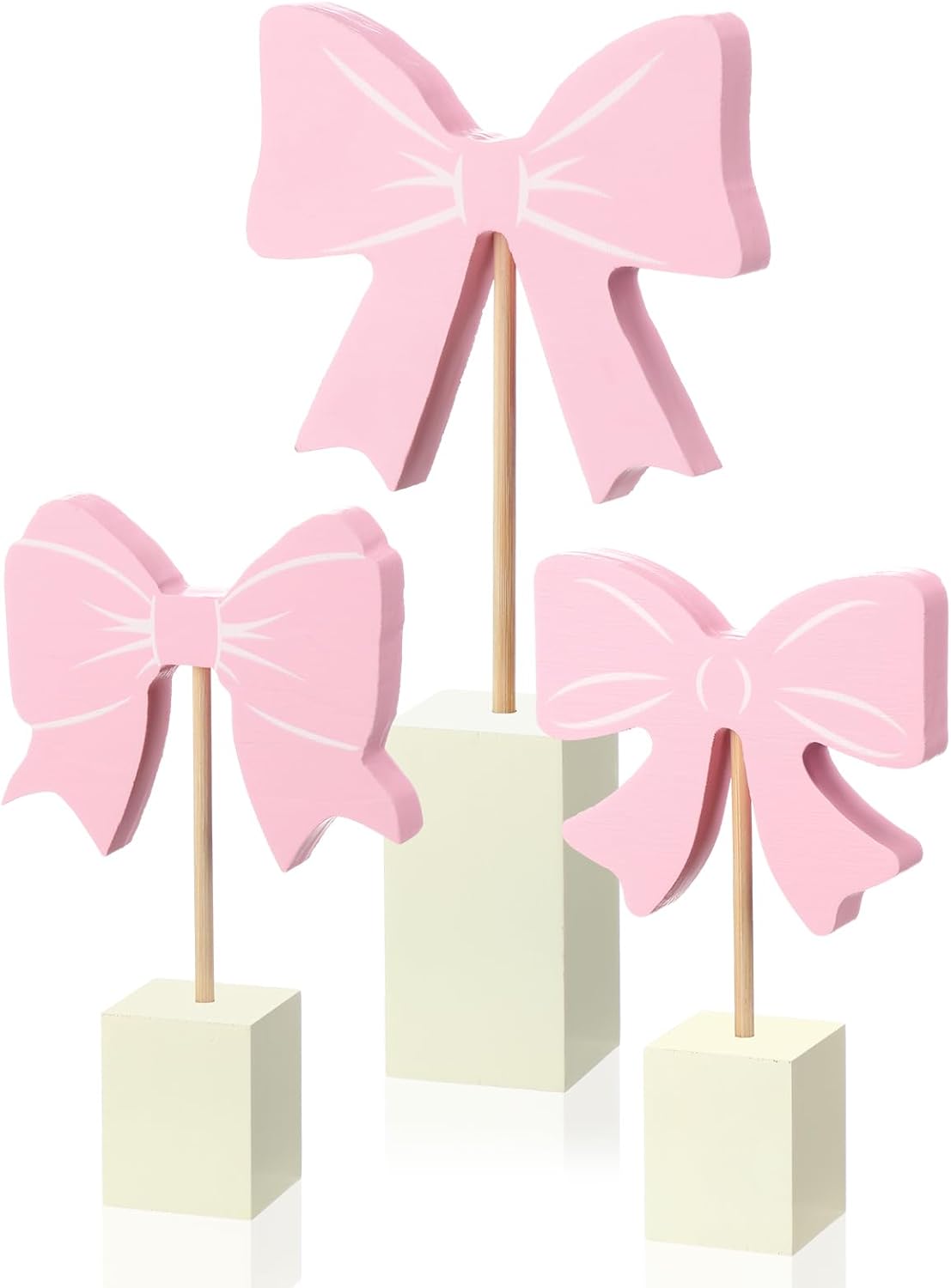 Coquette 3 Pcs Pink Bow Nursery Decor Wooden SignShelf Decor with Base Aesthetic Standing Bowknot Table Sign Centerpiece Accessories