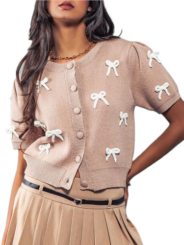 Women Short Sleeve Cardigans Cute Y2k Crop Tops Bow Tie Button Down Knitted Shirts Lightweight Cardigan Sweaters