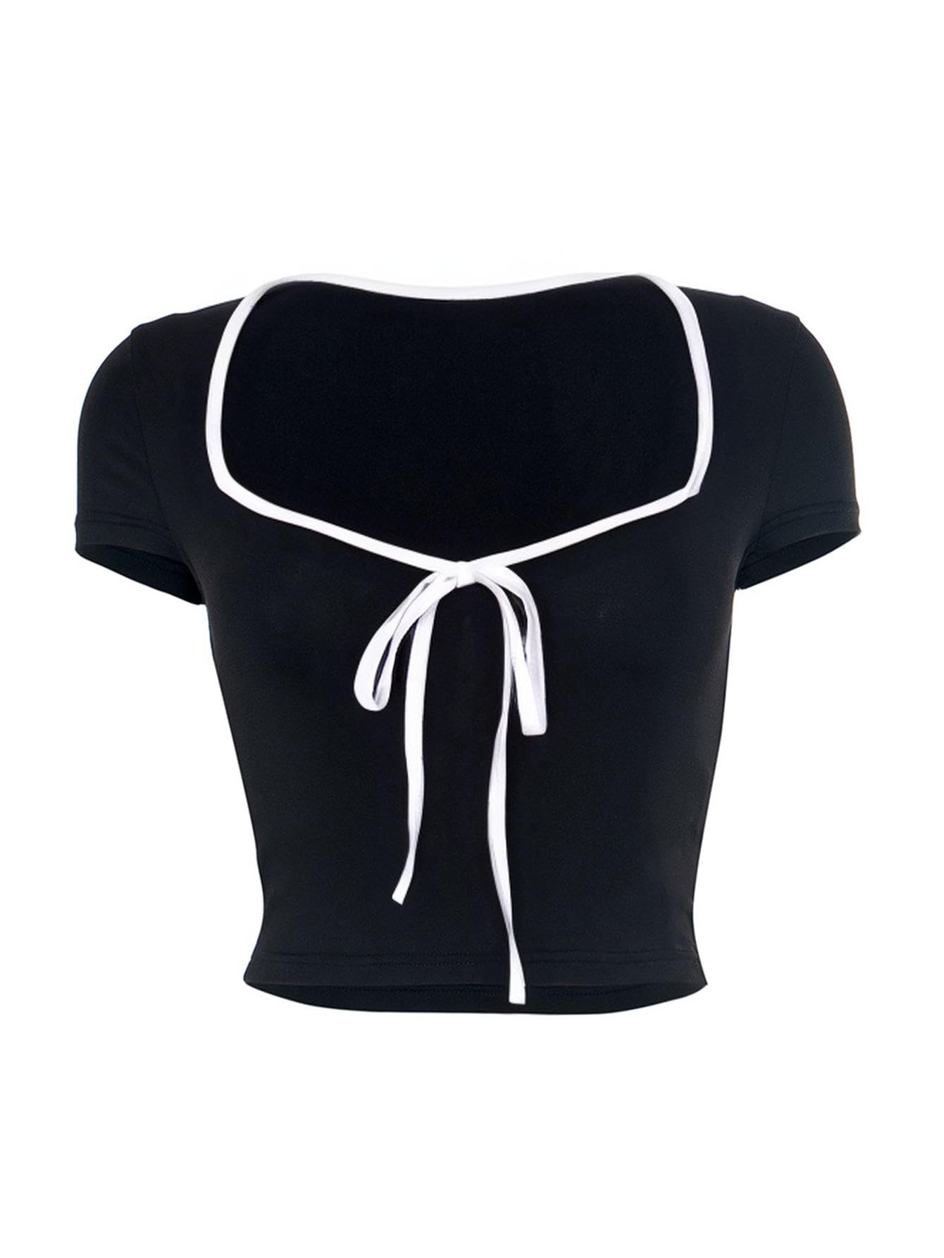 Womens Summer Short Sleeve Bow Square Neck Baby Tees Color Block Basic Crop Tops