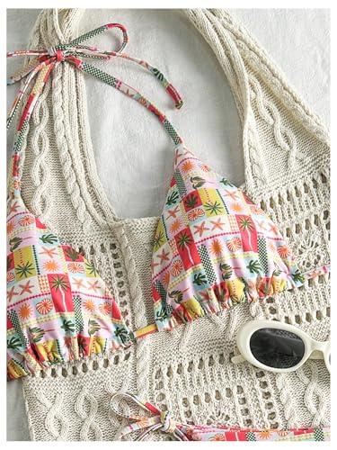 Women's Bikini Sets Tie Side Bathing Suits Tropical Print Triangle Tie Back Cheeky Swimsuit